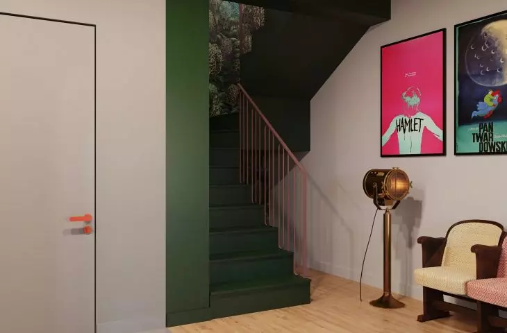 Cinematic motifs and bold colors decorate the hallway