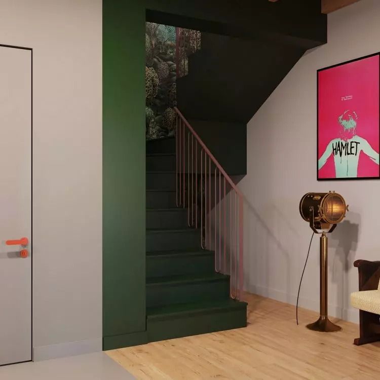 Cinematic motifs and bold colors decorate the hallway