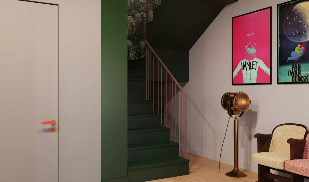 Cinematic motifs and bold colors decorate the hallway