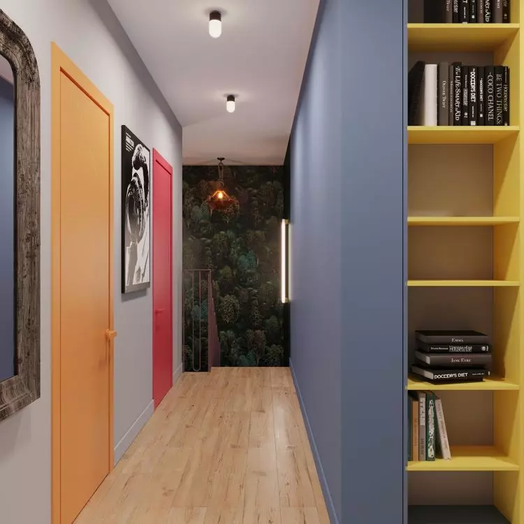 Hallway arranged by using a bold color scheme