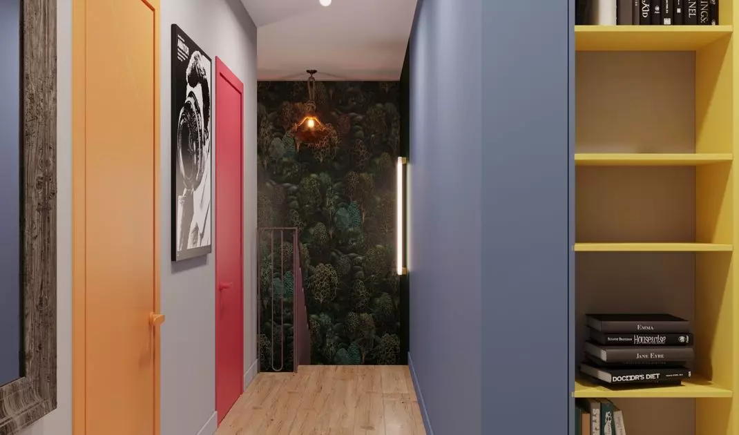 Hallway arranged by using a bold color scheme