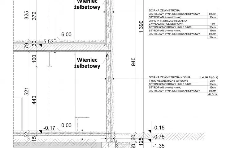 Projekt Ośrodka społeczno-kulturalnego, fragment przekroju B-B