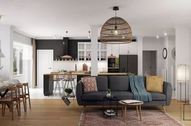 Living room overlooking the kitchens