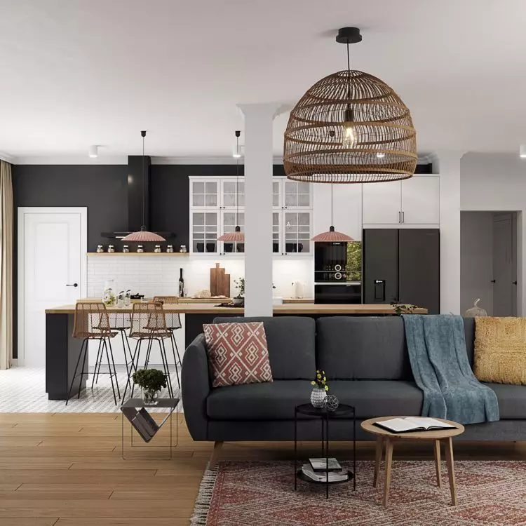 Living room overlooking the kitchens