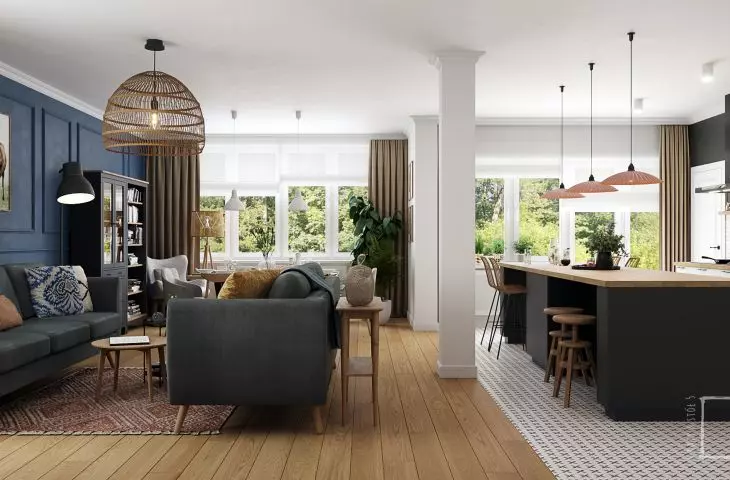 Kitchen, living room and dining room