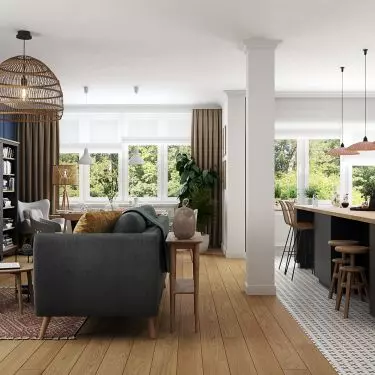 Kitchen, living room and dining room