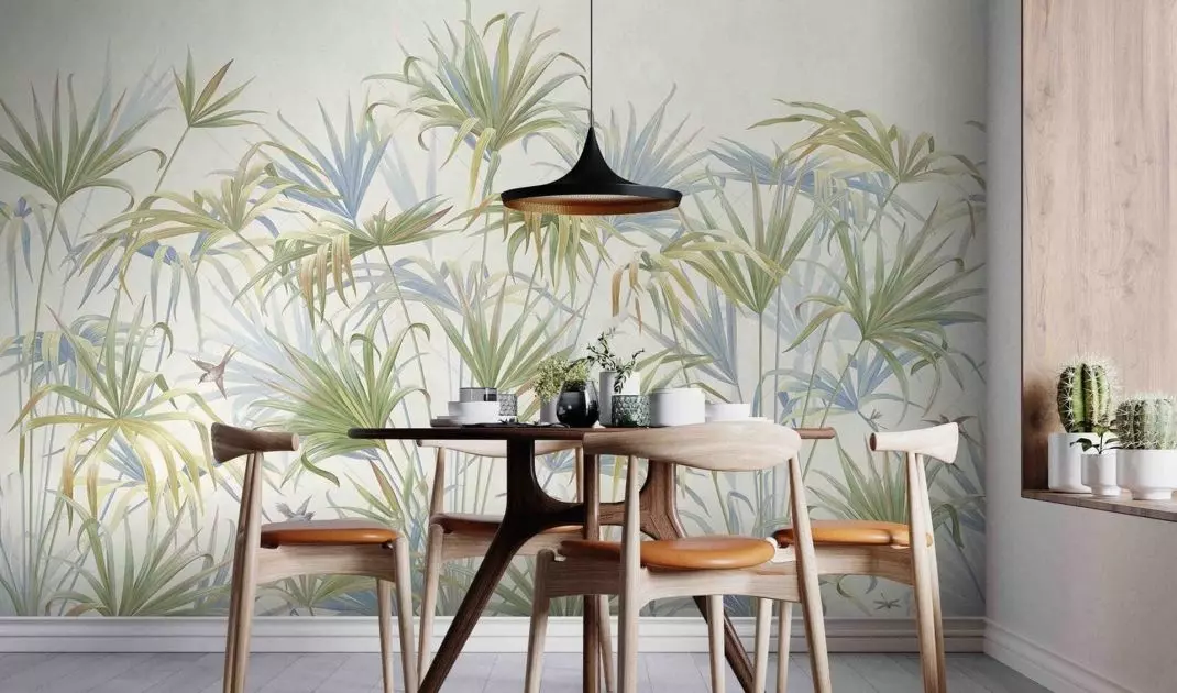 Wallpaper with a delicate pattern is a good background for light furniture