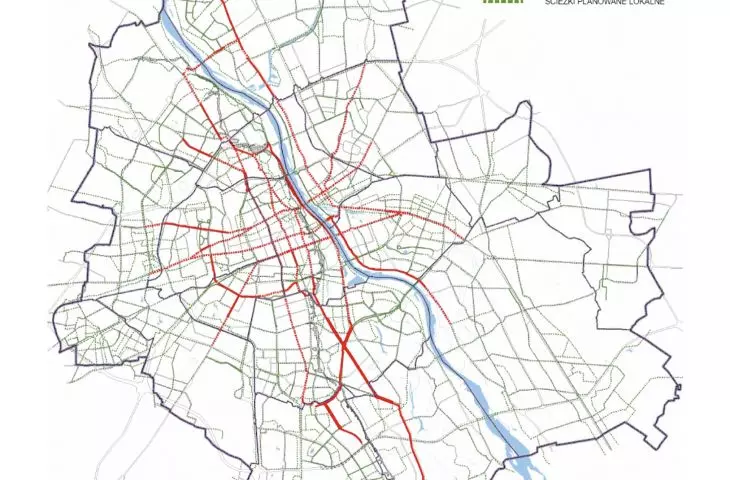 map of existing and planned bicycle paths in Warsaw