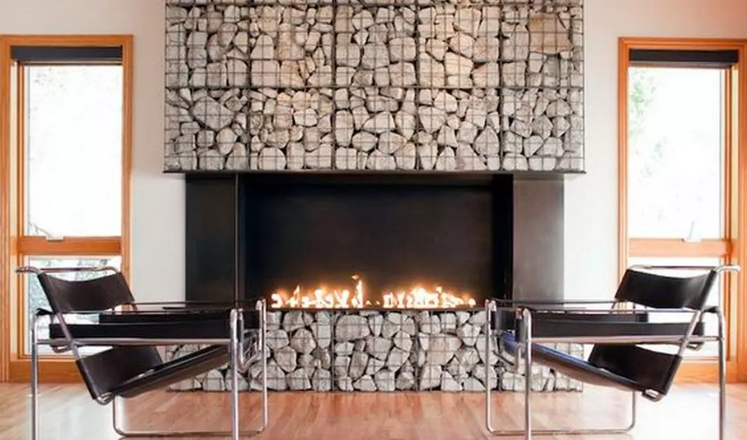 Fireplace enclosed with gabions