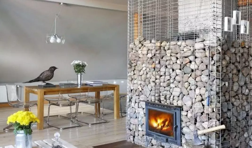 Fireplace enclosed with gabions