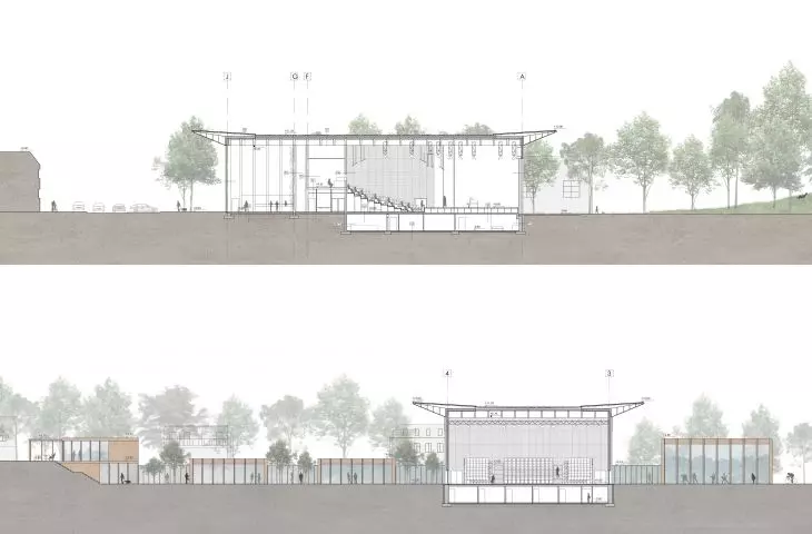 Design of the community center in Grójec, cross sections