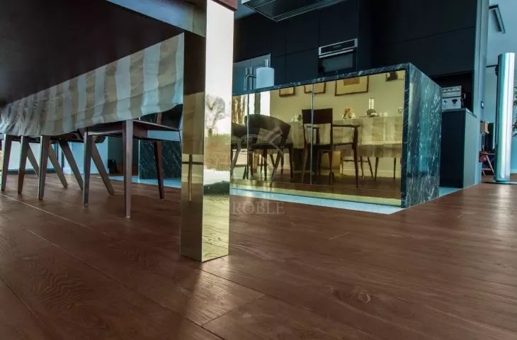 Dark oak planks in an eclectic interior