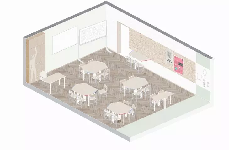 Aksonometria klasy z innym układem ławek