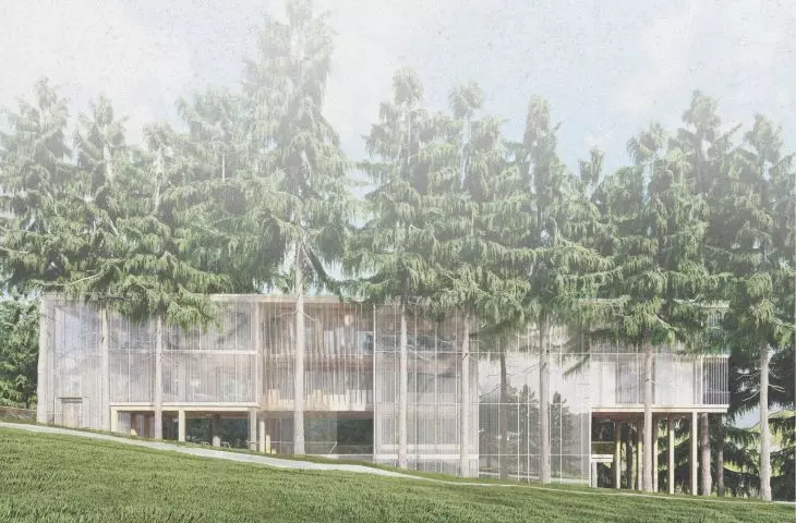 The library is surrounded by forest