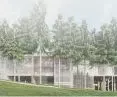 The library is surrounded by forest