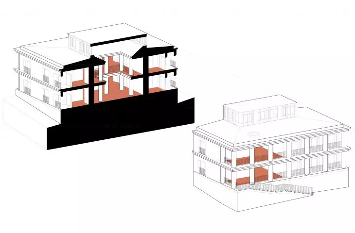 Design of the Rest House in Sandomierz, axonometry and cross-section
