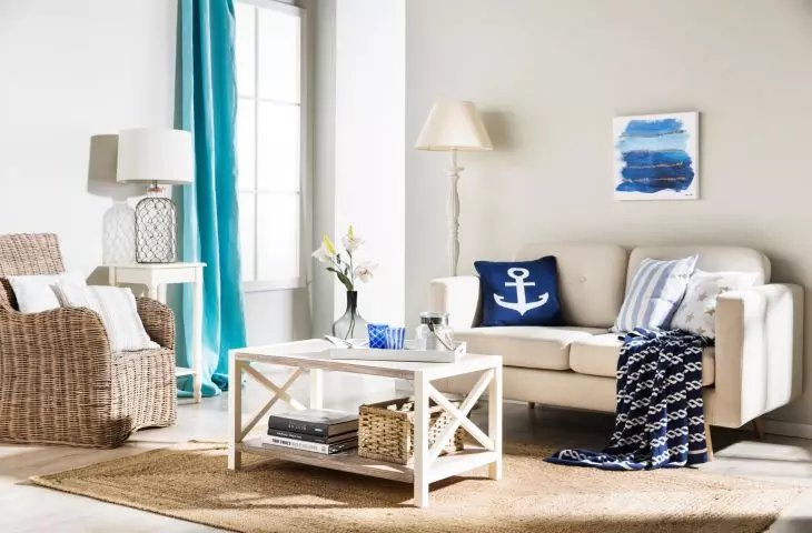 Rattan and wicker work well with the nautical color palette 