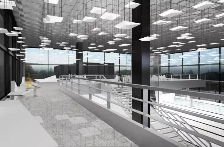 Mezzanine floor in the main building, view of the waiting room lobby 