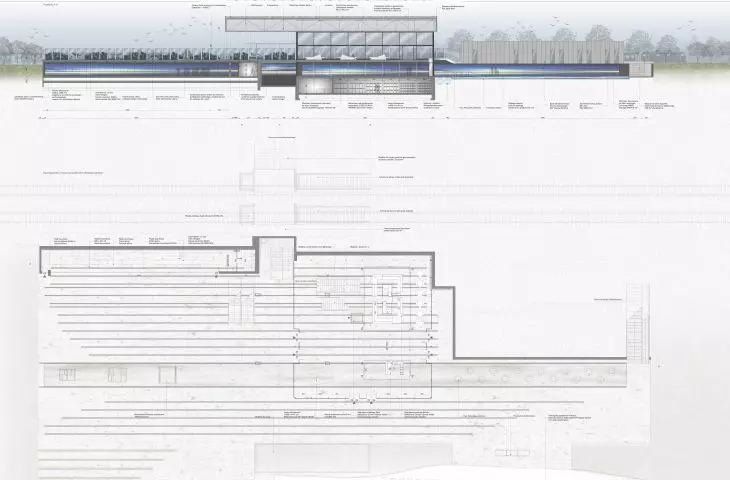 Modernization project of Tarnów-Mościce railway station, cross-section A-A and projection of level 0