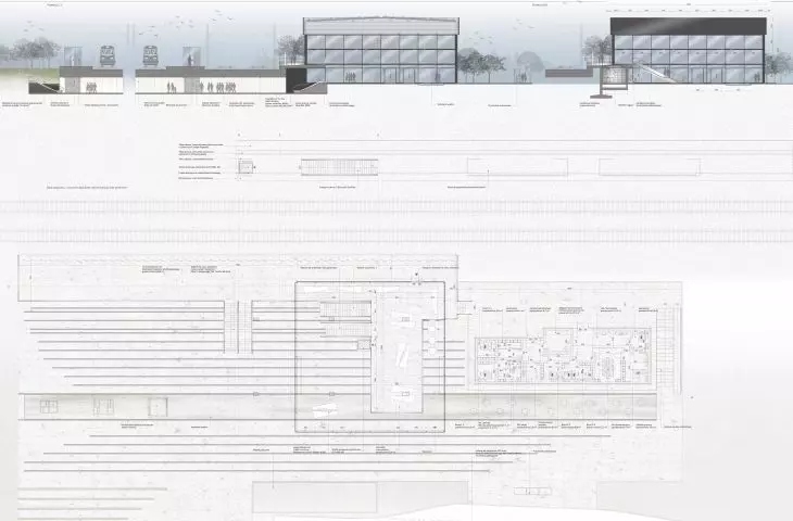 Projekt modernizacji dworca Tarnów-Mościce, przekroje C-C, B-B i rzut poziomu +1