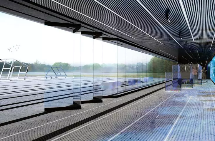 Interior of the multimedia pavilion overlooking the square