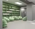 Corridor in the Detention Center, distinctive green seats