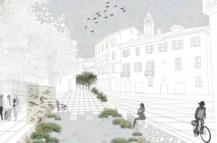 In the urban space, the authors placed special aquariums 