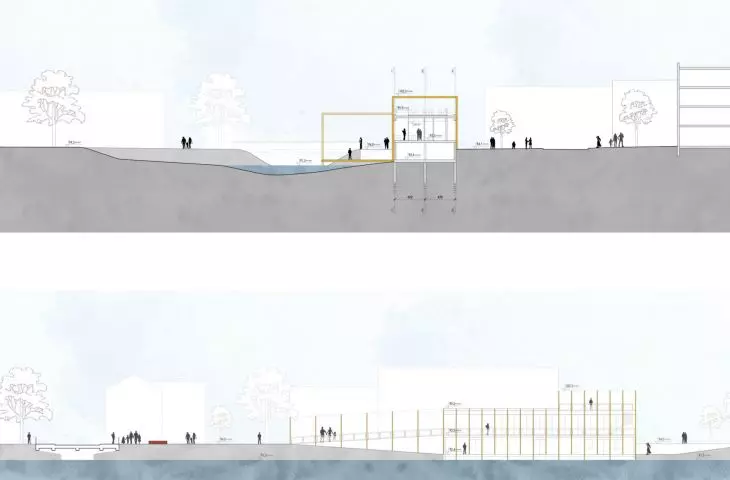 cross-sections of the square and the pavilion