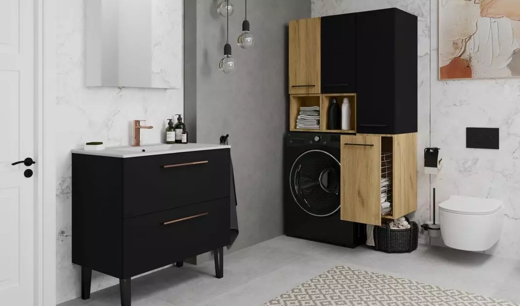 The right cabinets will help hide the washing machine