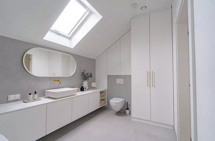 A high closet hides the laundry room