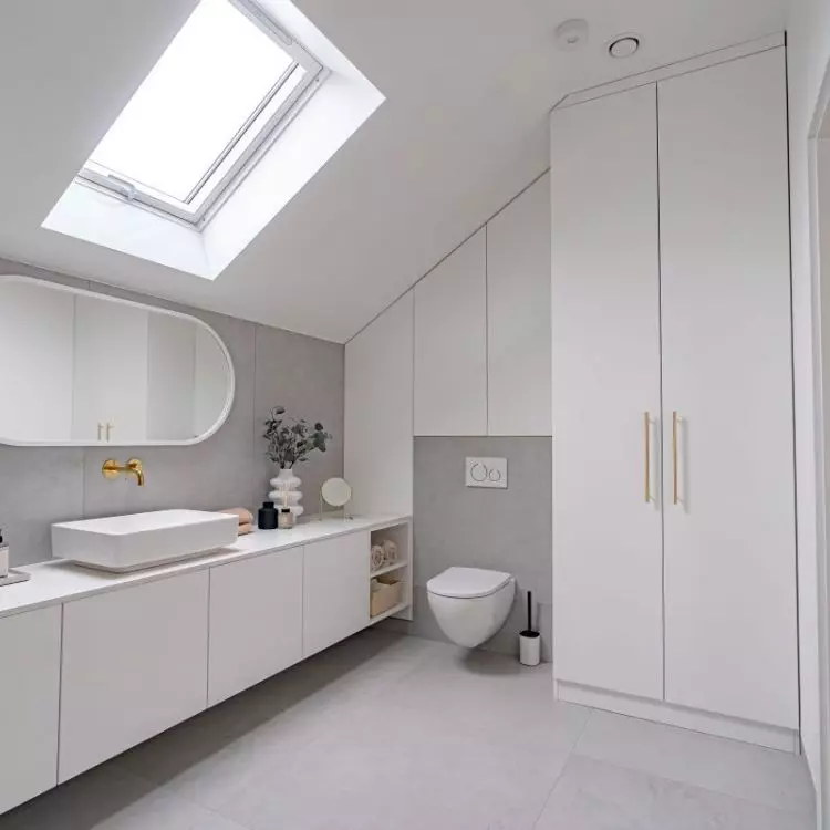 A high closet hides the laundry room