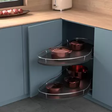 Corners allow the contents of the corner cabinet to slide out