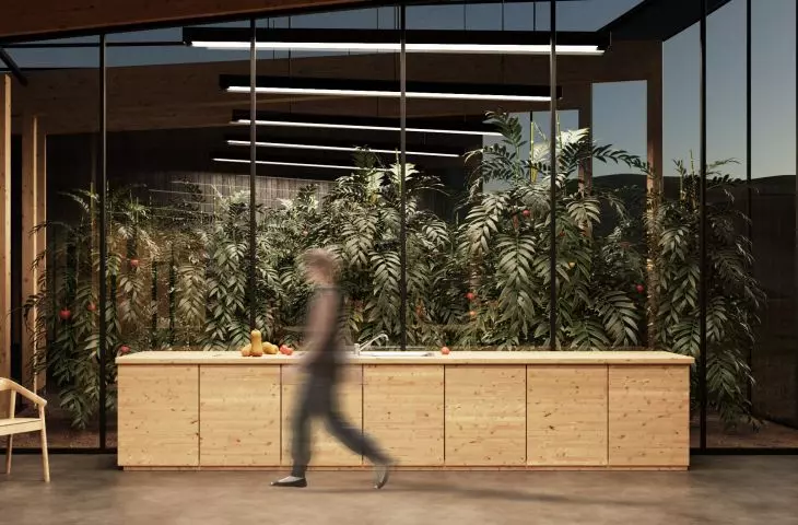 Iceland Lake Mývatn Community House project, a greenhouse including a communal kitchen