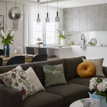 Living room, dining room and kitchen