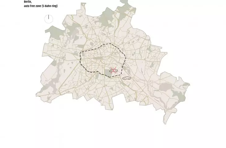 Mapa Berlina z wyznaczoną strefą wolną od ruchu samochodowego