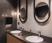 Oval elements add character to the bathroom