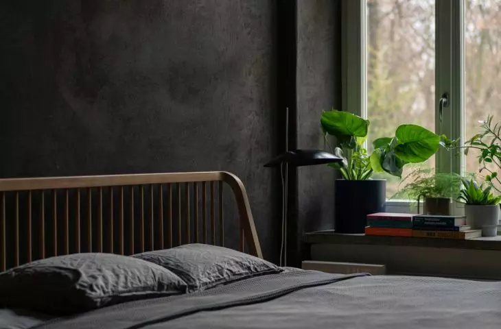 architects used black clay plaster in the bedroom