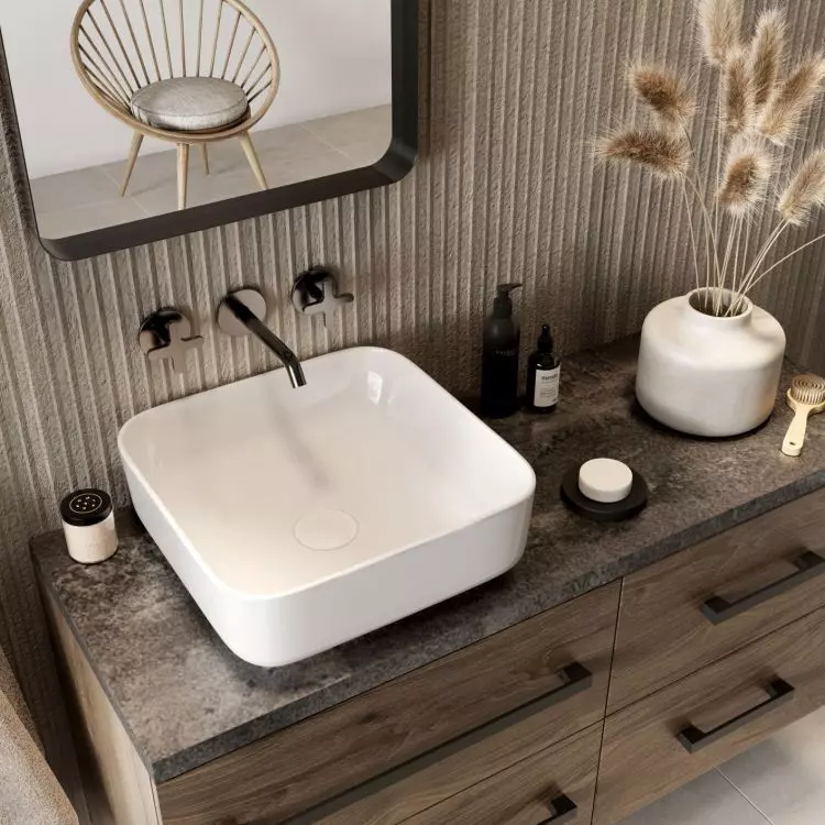 Beige warms up the bathroom interior
