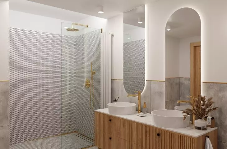 Gold juxtaposed with beige will create a glamorous look