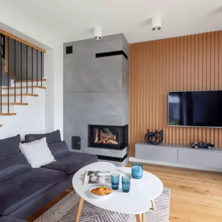 An interesting point of the living room is the wall behind the TV made of lamellas