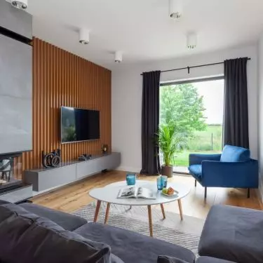 This arrangement is dominated by a combination of wood and navy blue 