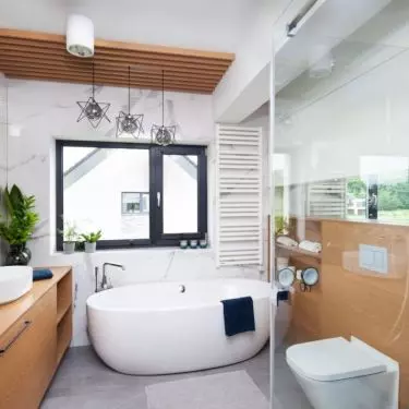 The bathroom could not miss the leading color in the whole house - navy blue