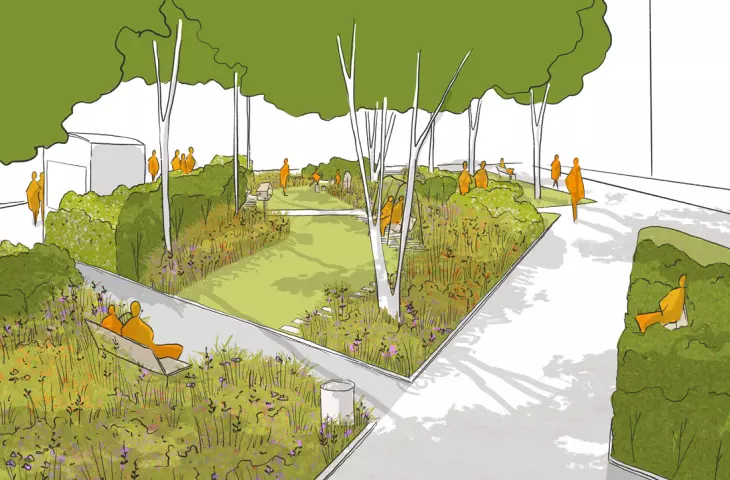 Visualization of the park in Bielany on Broniewskiego Street.