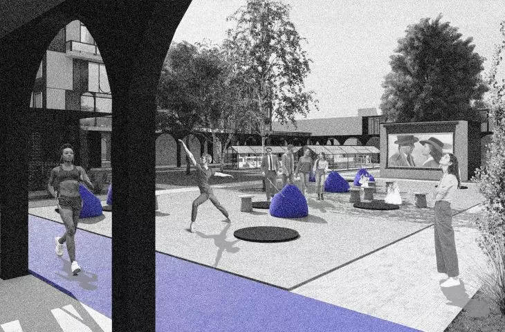 Wewnętrzny dziedziniec z przestrzenią do ćwiczeń oraz kinem plenerowym