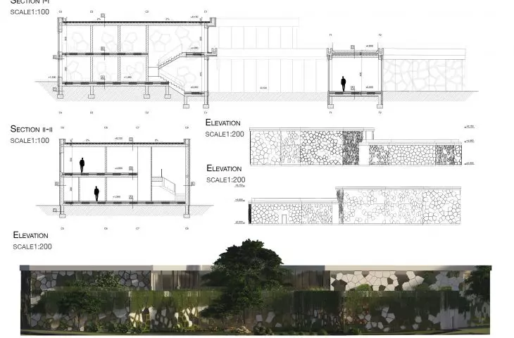 Art therapy center design, sections and elevations
