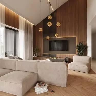 Modułowy wypoczynek jest skierowany zarówno na telewizor jak i na zieleń znajdującą się za oknem