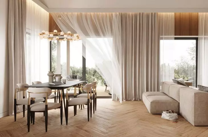 The whole is kept in earthy colors combined with white and gold