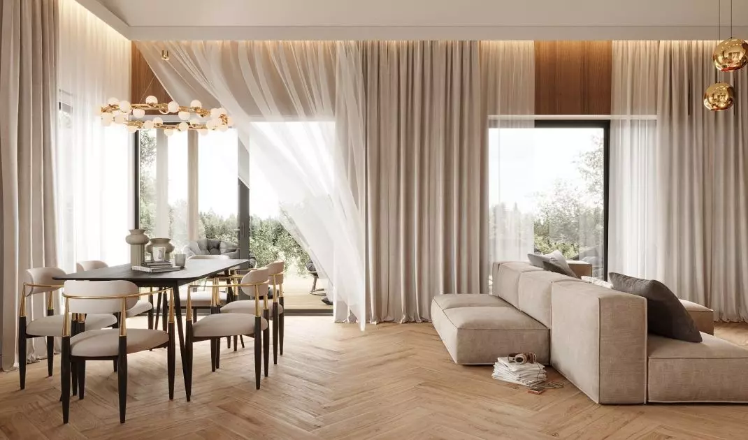 The whole is kept in earthy colors combined with white and gold