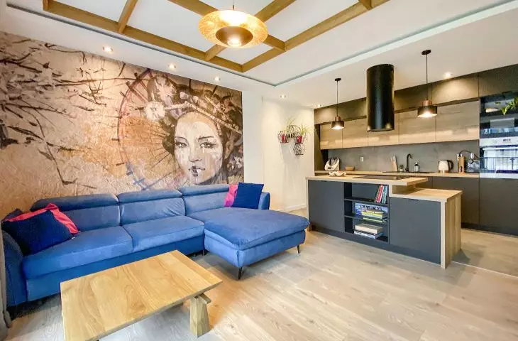 The walls are decorated with graphics referring to Japan