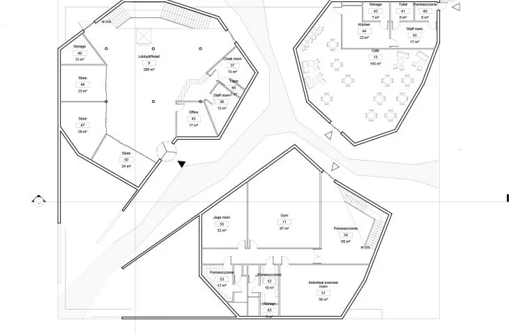 Projekt centrum społecznego w Vancouver, rzut budynków na poziomie ulicy